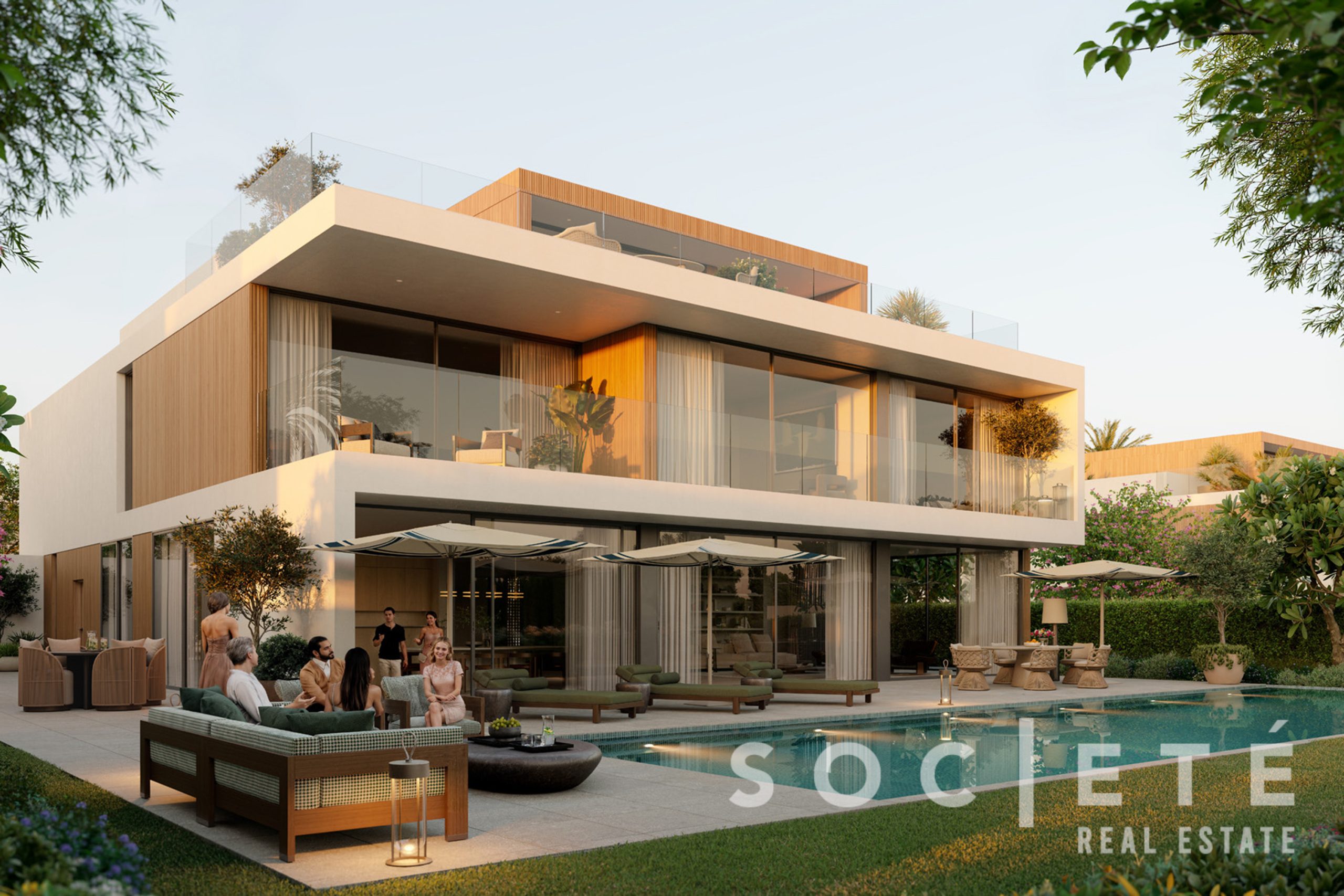 Modern two‑story villa with glass railings, poolside lounge and people socializing outdoors. (Somerset Real Estate-style image)