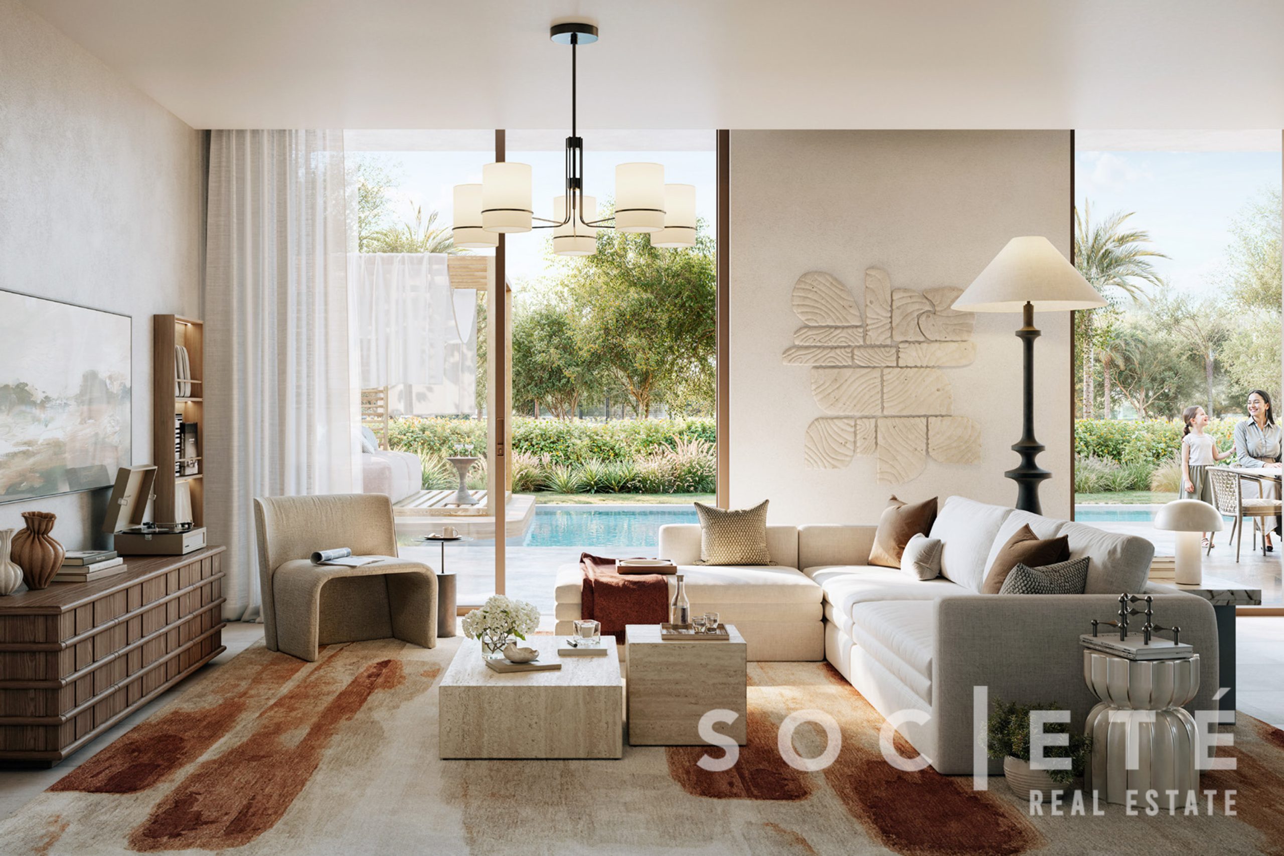Spacious modern living room with beige furniture, a wooden cabinet, and floor-to-ceiling glass doors opening to a pool and garden outside.
